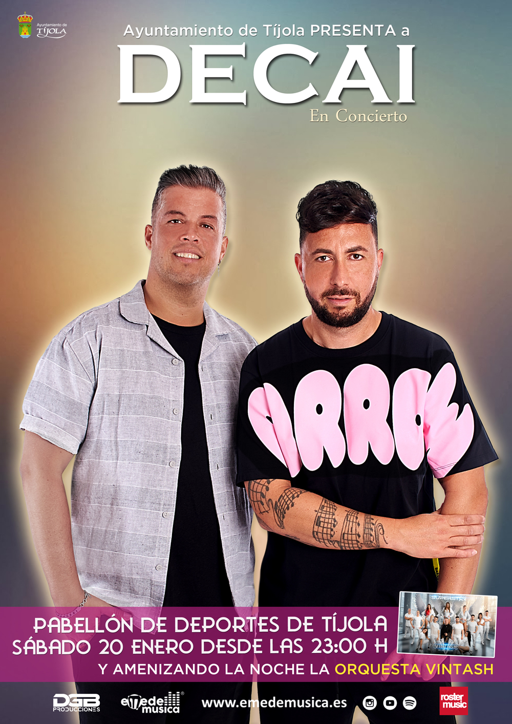 Imagen del Cartel del Concierto y Verbena. Imagen de los cantantes de DECAI al fondo.